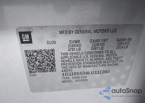 2020 Chevrolet Impala Fwd Premier from USA, damaged, VIN 1G1105S34LU111360